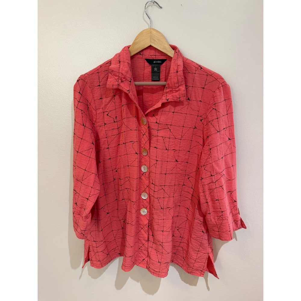 Ali Miles Womens Large Coral Pink Geometric Grid 3/4 Sleeve Button Up Blouse